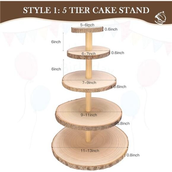 5 Tiered Rustic Wood Cupcake Stand, Detachable Large Slices Round - Picture 3 of 8